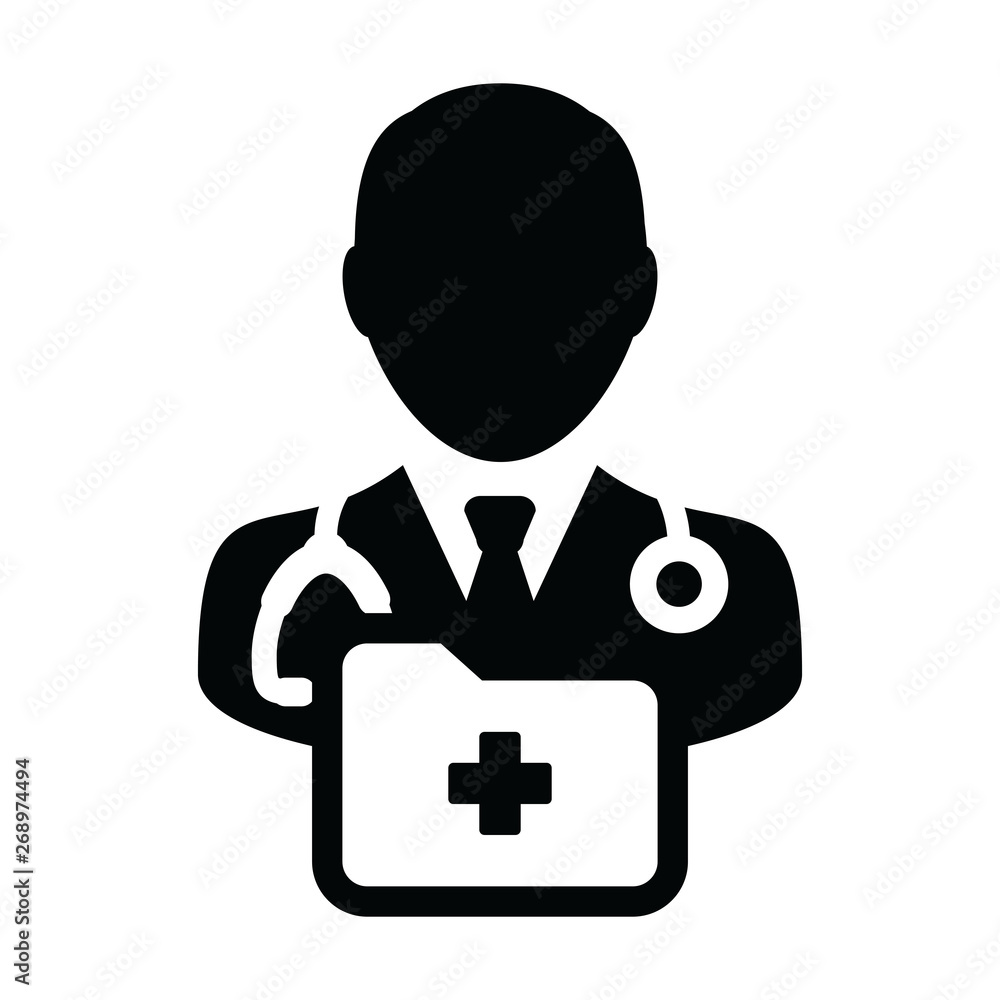Obraz premium Nurse icon vector male person profile avatar with stethoscope and medical report folder for medical consultation in Glyph pictogram illustration