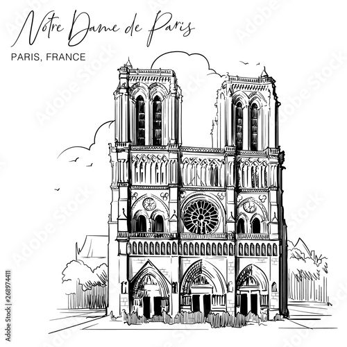 Notre Dame de Paris cathedral beautiful facade. Paris, France. Linear sketch on a watercolor textured background. Vintage design. Travel sketchbook drawing. EPS10 vector illustration