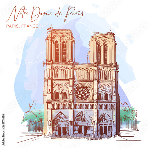 Notre Dame de Paris cathedral beautiful facade. Paris, France. Linear sketch on a watercolor textured background. Vintage design. Travel sketchbook drawing. EPS10 vector illustration