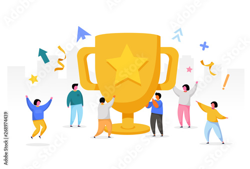 Business Team Success, Achievement Concept. Flat People Characters with Prize, Golden Cup. Office Workers Celebrating with Big Trophy.