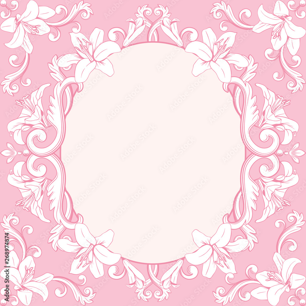 Ornamental vintage frame with lilies. Vector illustration in black and white colors