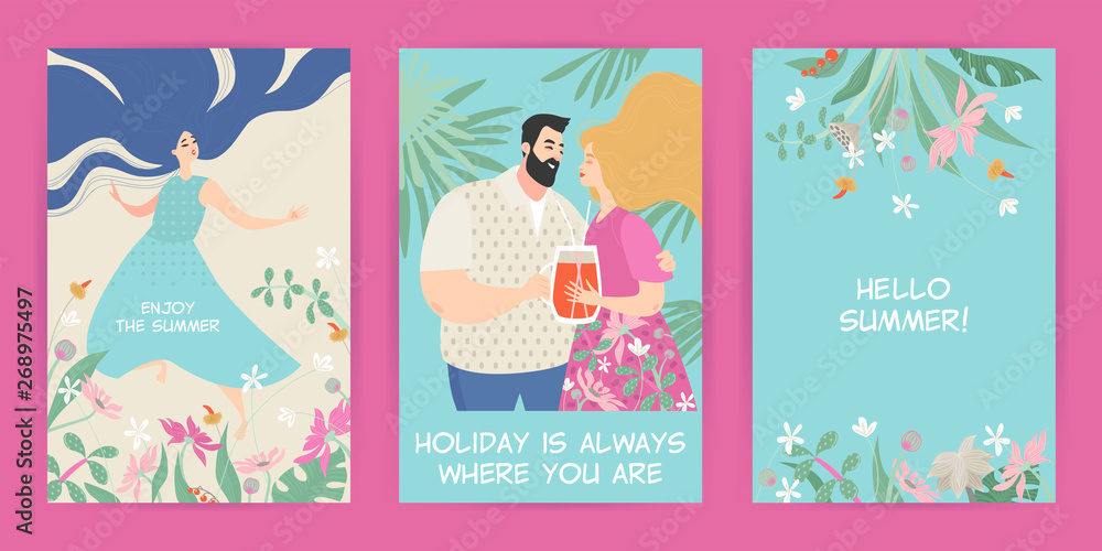 Greeting cards with summer illustrations of flowers and cute cartoon characters