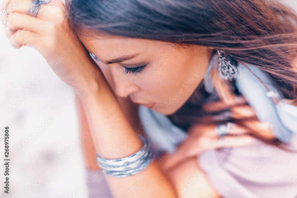 Beautiful young boho style woman close up portrait outdoors Beautiful young boho style woman close up portrait outdoors