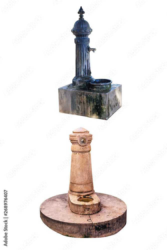 Two old street fire hydrants to extinguish a fire isolated on white background Two old street fire hydrants to extinguish a fire isolated on white background