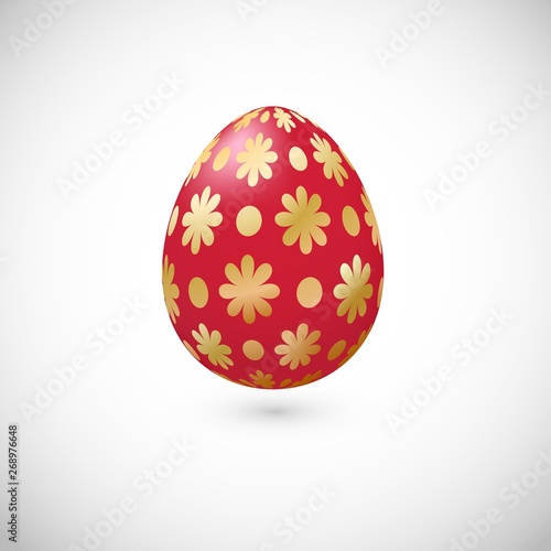 Vector red egg with shadow for Easter day greeting card. Realistic color with flower decor egg. Easter decoration element for template, promotion, poster, flyer, web.