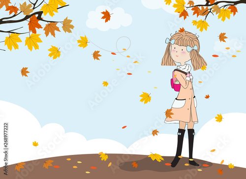 Cheerful little girl wearing jumpers walking in Autumn field with maples leaves falling  Cute cartoon school girl walking alone in sunny day  Vector illustration of Autumn theme