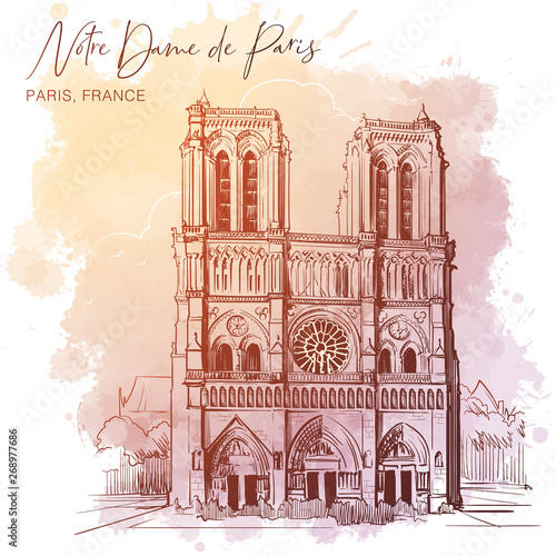 Notre Dame de Paris cathedral beautiful facade. Paris, France. Linear sketch on a watercolor textured background. Vintage design. Travel sketchbook drawing. EPS10 vector illustration