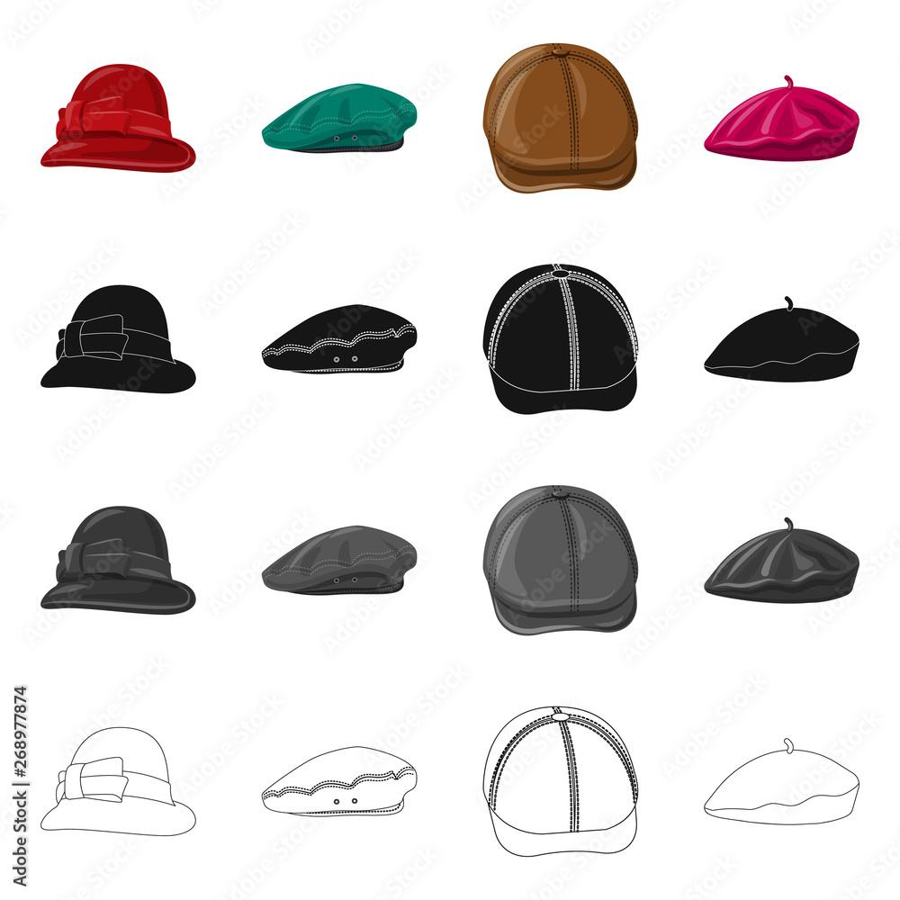 Isolated object of headgear and cap symbol. Set of headgear and accessory stock vector illustration. Isolated object of headgear and cap symbol. Set of headgear and accessory stock vector illustration.