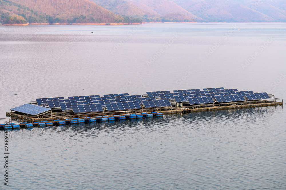 Solar cell system panel renewable power floating on dam