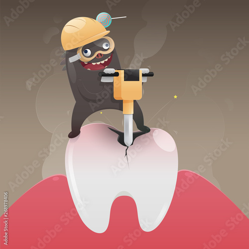 The bad monster is digging and damaging the tooth, Cartoon vector, Concept with tooth health