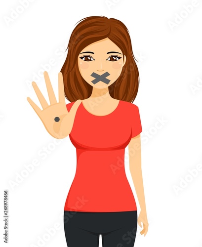 A girl with a sealed mouth asks for help, showing a palm with a point.