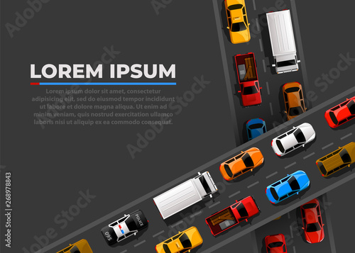 Traffic jam on the road. Road transport. Highway banner.