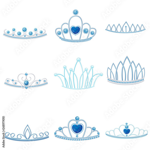 Set of different silver crowns with large and small jewel of sapphires. Vector illustration.