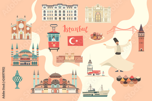 Istanbul City colorful vector map. Famous Istanbul building. Pastel pink colors
