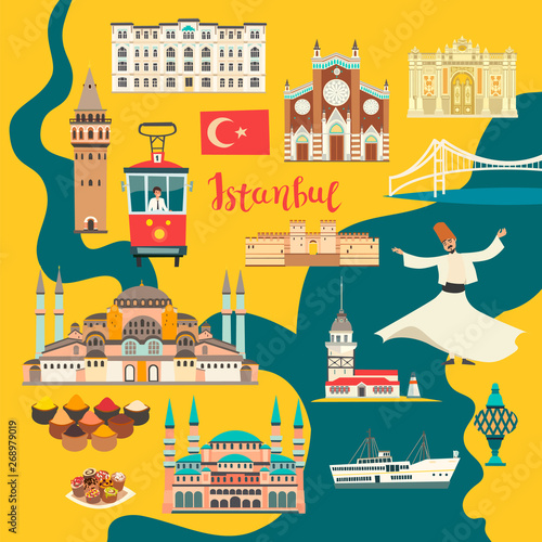 Istanbul City colorful vector map. Famous Istanbul building. Mosque and Turkey landmarks card atlas