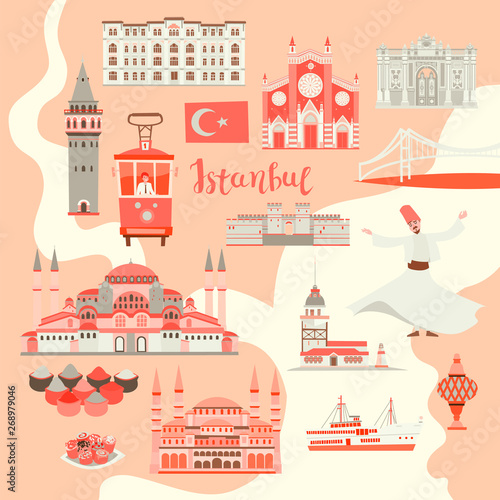 Istanbul City colorful vector map. Famous Istanbul building. Mosque and Turkey landmarks card atlas