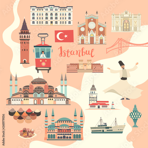 Istanbul City colorful vector map. Famous Istanbul building. Mosque and Turkey landmarks card atlas