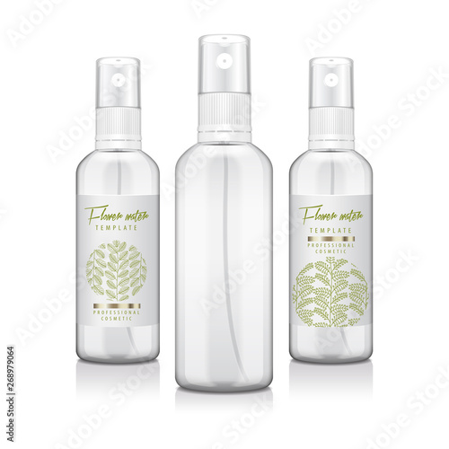 Set of realistic transporent bottle with atomizer. Mock up bottle cosmetic or medical vial, flask, flacon 3d illustration