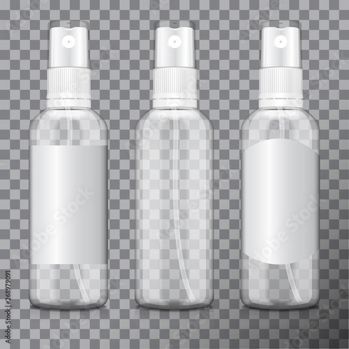 Transparent bottle set with atomizer. Mock up bottle cosmetic or medical vial, flask, flacon 3d illustration