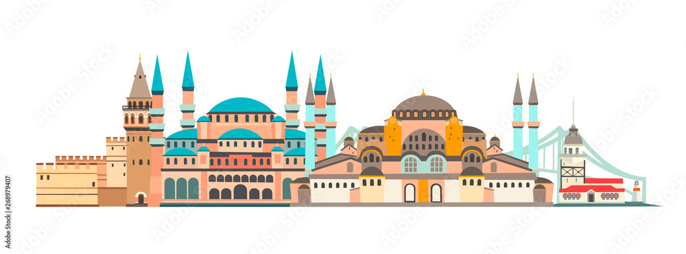 Istanbul City colorful skyline vector illustration. Panoramic of Istanbul, famous building