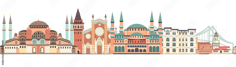 Istanbul City colorful skyline vector seamless pattern. Famous Istanbul building