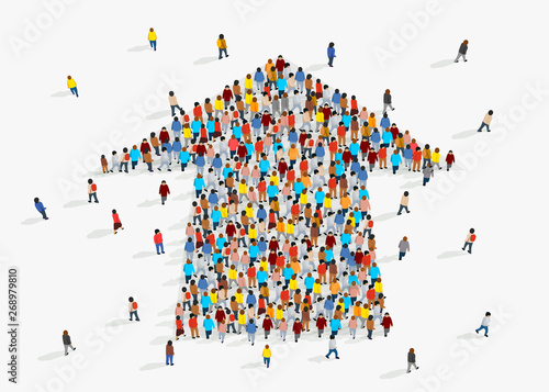 Large group of people in an arrow.