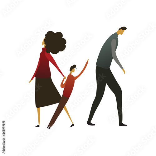 Woman leads a child away from a sad man. Vector illustration on white background.