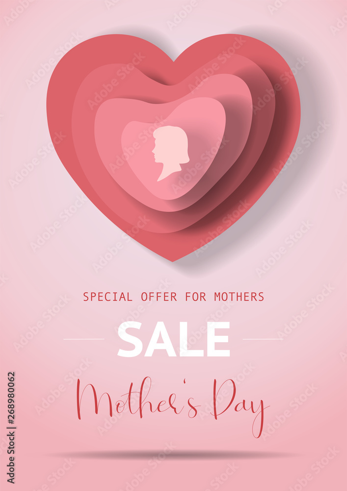 Mother's Day sale poster with soft red paper hearts. Mother or woman silhouette on different shape of paper hearts for Mother's Day. Sale poster, banner, concept, vector illustration for shops.