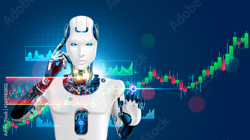 Robot trading on stock market. Artificial intelligence of forex broker with analyzing business charts with investment financial data. Computer software of trade on stock exchange. Cyborg trader.