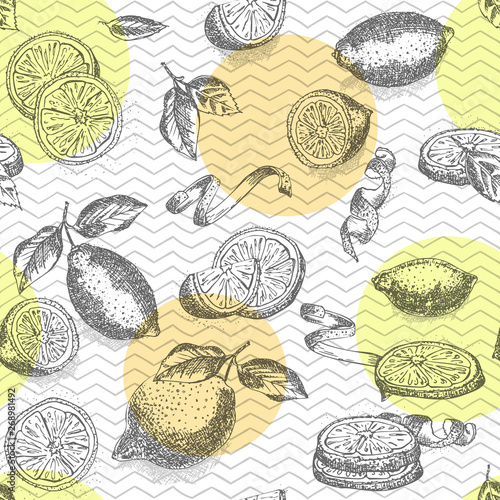 Seamless pattern hand drawn of half, quarter, slices and zest lemon fruit in black color on geometric color background. Retro vintage graphic design Botanical sketch drawing