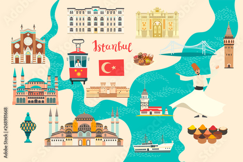 Istanbul City colorful vector map. Famous Istanbul building. Mosque and Turkey landmarks card atlas