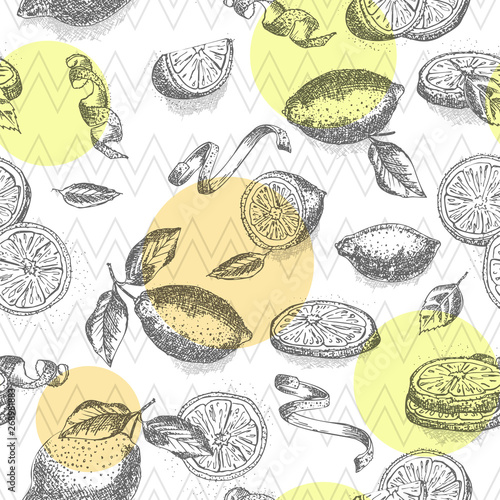 Seamless pattern hand drawn of half, quarter, slices and zest lemon fruit in black color on geometric color background. Retro vintage graphic design Botanical sketch drawing