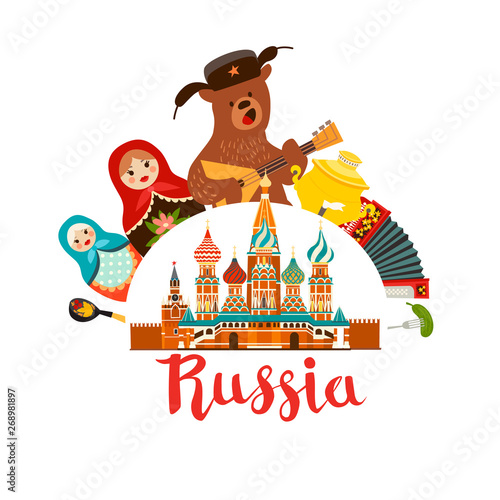 Russia vector illustration. Bear with balalaika. Russian symbol cartoon flat style isolated on white background