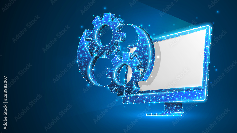 Gears Yin Yan symbol on white computer monitor. Industry balance, business solution, settings concept. Abstract, digital, wireframe, low poly mesh, vector blue neon 3d illustration. Triangle, line dot Gears Yin Yan symbol on white computer monitor. Industry balance, business solution, settings concept. Abstract, digital, wireframe, low poly mesh, vector blue neon 3d illustration. Triangle, line dot