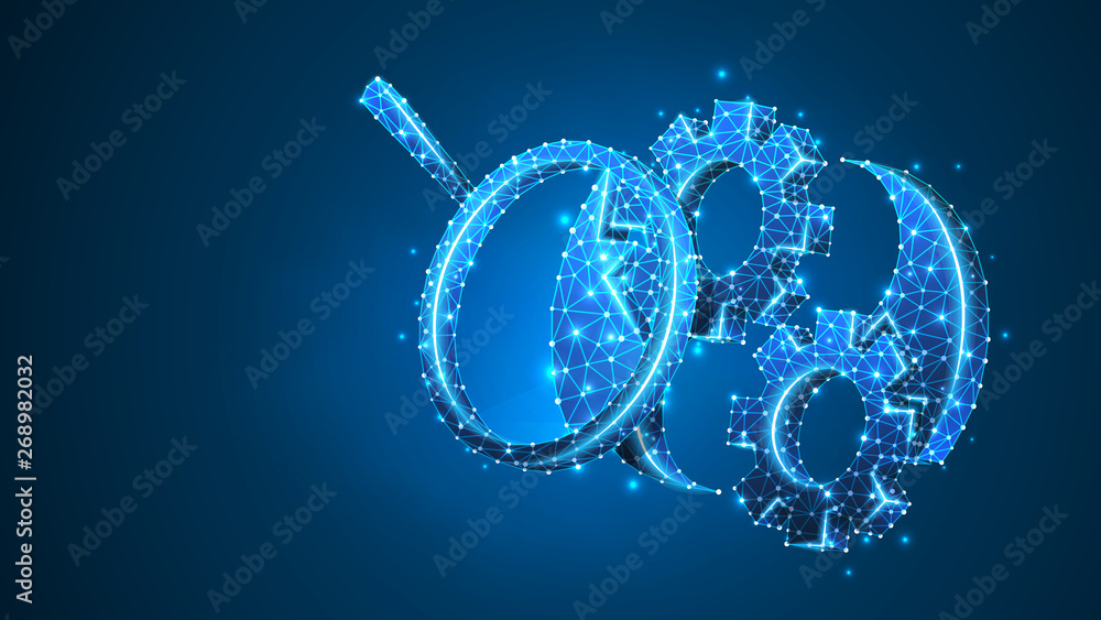 Magnifying glass on Gear with adjustable wrench. Technology solution, engineering research concept. Abstract, digital, wireframe, low poly mesh, vector blue neon 3d illustration. Triangle, line, dot Magnifying glass on Gear with adjustable wrench. Technology solution, engineering research concept. Abstract, digital, wireframe, low poly mesh, vector blue neon 3d illustration. Triangle, line, dot