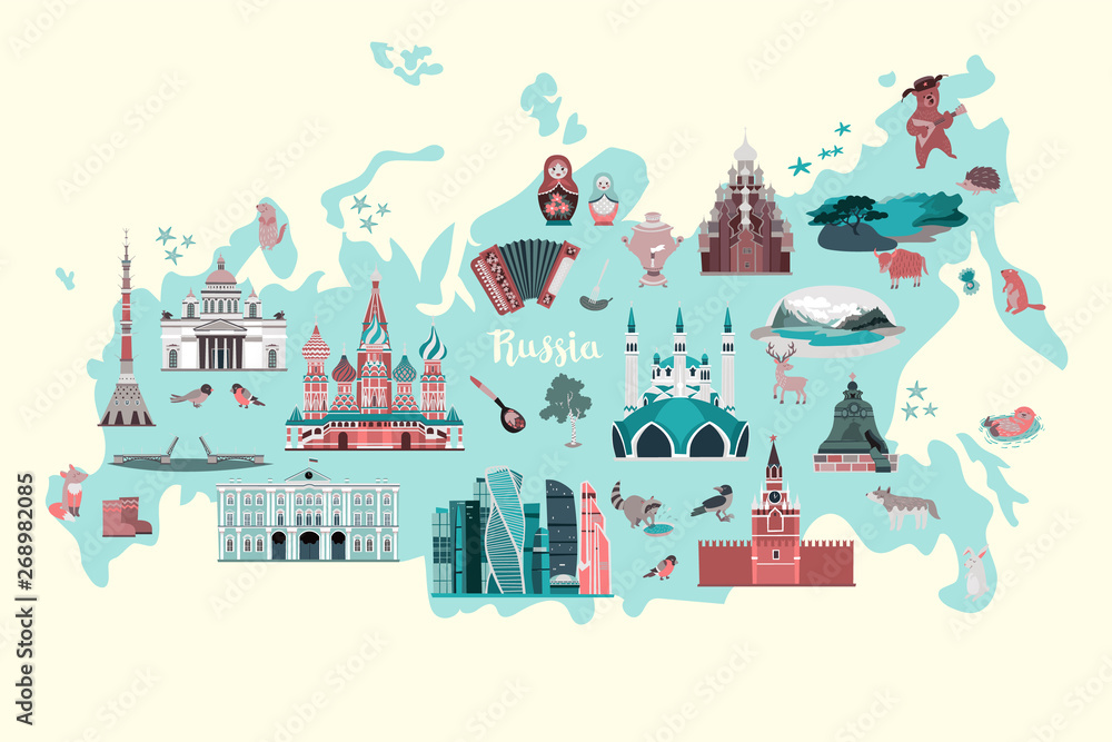 Russia vector map. Colorful atlas with russian landmarks, symbols and animals