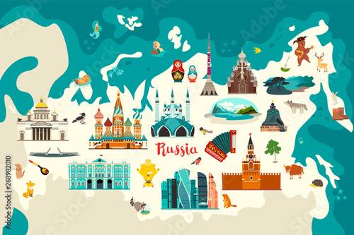 Russia vector map illustration.Hand draw atlas with russian landmarks, symbols and animals. Matryoshka and bear balalaikas. Nature lake and mountains. The Kremlin and the drawbridge