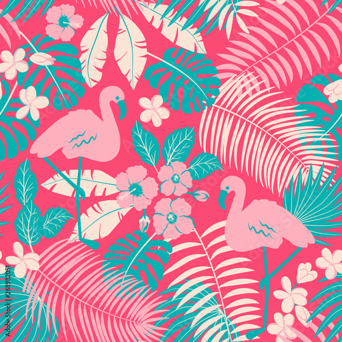 Tropic seamless pattern with flamingo, palms and flowers