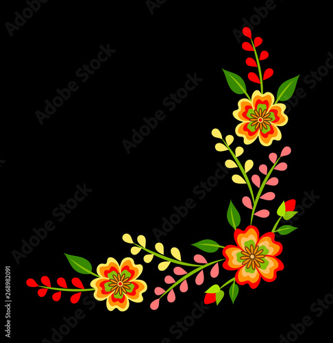 Mexican colorful bright floral corner decoration on black background