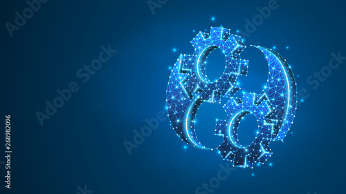 Gears Yin-Yan symbol. Industry balance, business solution, mechanical technology, engineering concept. Abstract, digital, wireframe, low poly mesh, Raster blue neon 3d illustration. Triangle, line dot