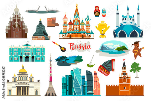 Russia icons set, flat cartoon style icon. Russian symbol. Church and museum. Matryoshka and bear balalaikas. Nature lake and mountains. The Kremlin and the drawbridge