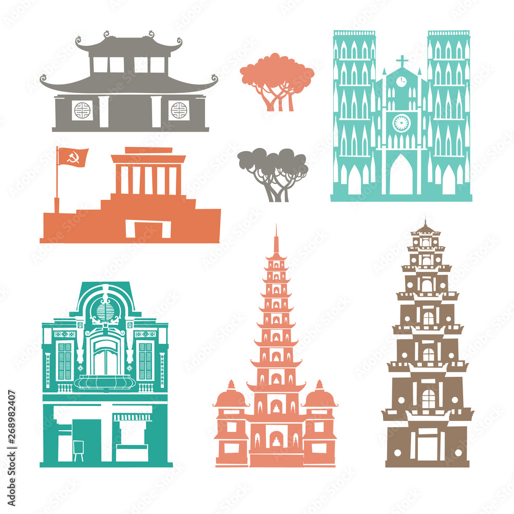 Vietnam landmark vector set. Contour cartoon icon. Travel collection about Vietnam. Vietnamese architecture. Asian travel attraction, isolated on white background Vietnam landmark vector set. Contour cartoon icon. Travel collection about Vietnam. Vietnamese architecture. Asian travel attraction, isolated on white background