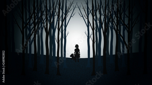 Girl with her teddy bear walking lost through a creepy forest. Minimalist vector landscape
