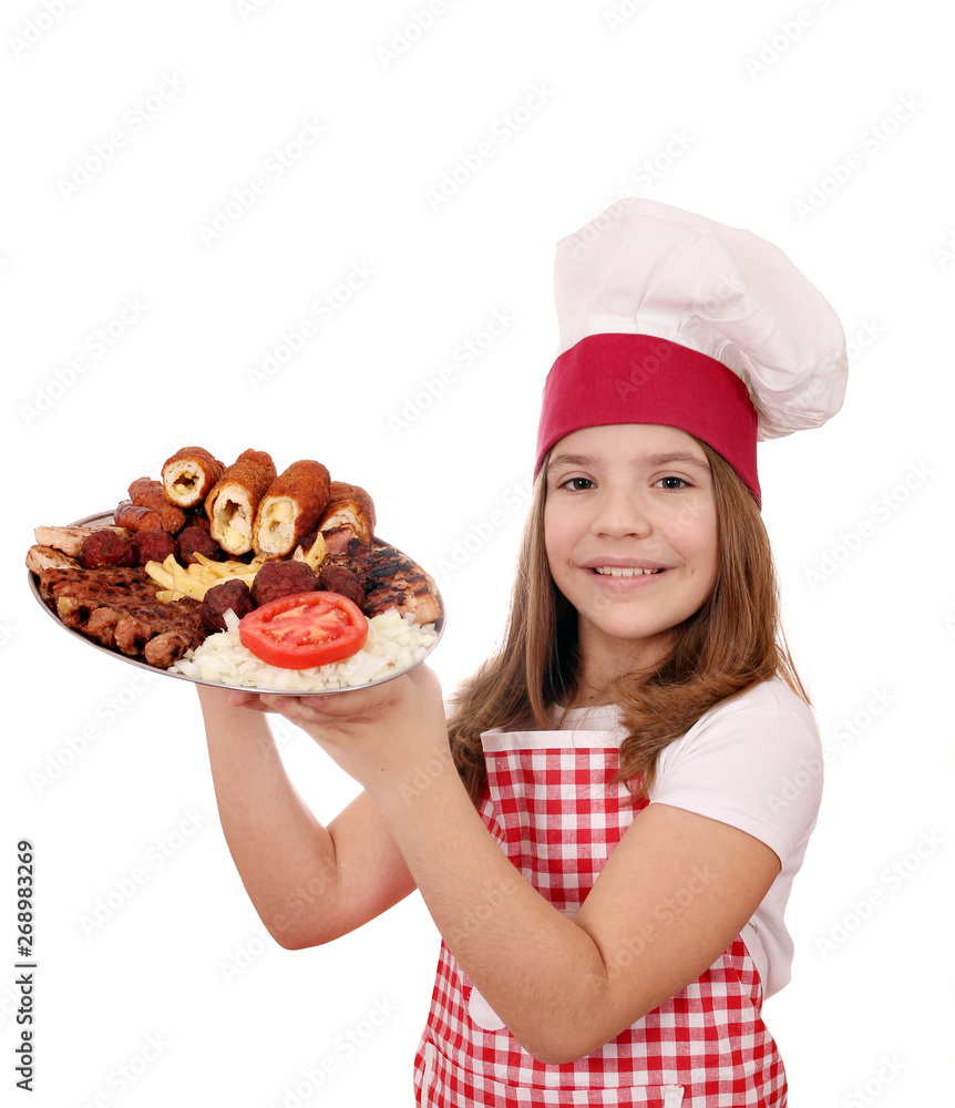 happy little girl cook with mixed grilled meat happy little girl cook with mixed grilled meat