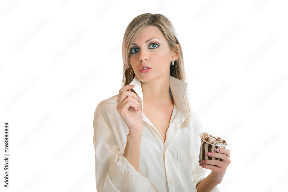 girl eating chocolate paste isolated on white background girl eating chocolate paste isolated on white background
