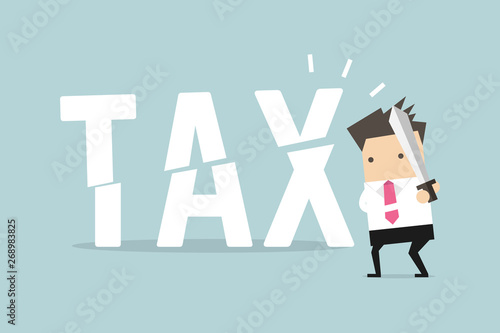 Businessman cut tax with sword. Business concept of reducing and lowering taxes.