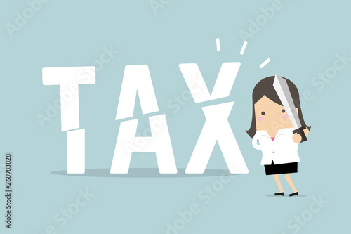 Businesswoman cut tax with sword. Business concept of reducing and lowering taxes.