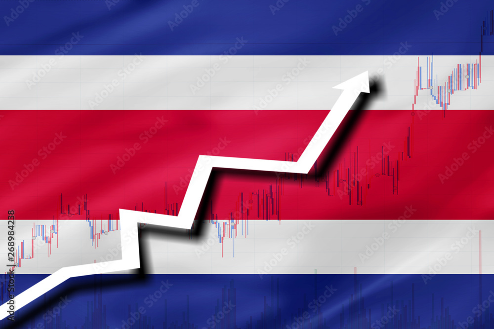 Fototapeta premium White arrow and stocks chart growth up on the background of the flag of Costa Rica