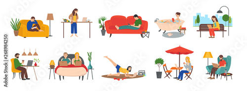 People at home and cafe vector, man and woman using internet. Lady cooking and watching film on laptop, male in coffehouse using smartphone freelance. People surfing internet
