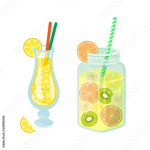 Beverages poured in glass and jar vector. Drinks served with straws to drink, containers with lemonade, lemon slices and kiwi, orange cut ripe fruits